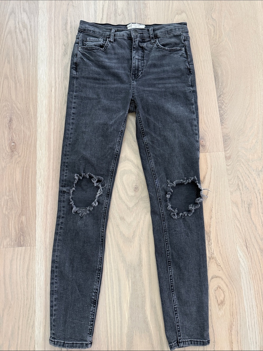 Free People Busted Knee Distressed High Rise Skinny Jeans Washed Black 27R